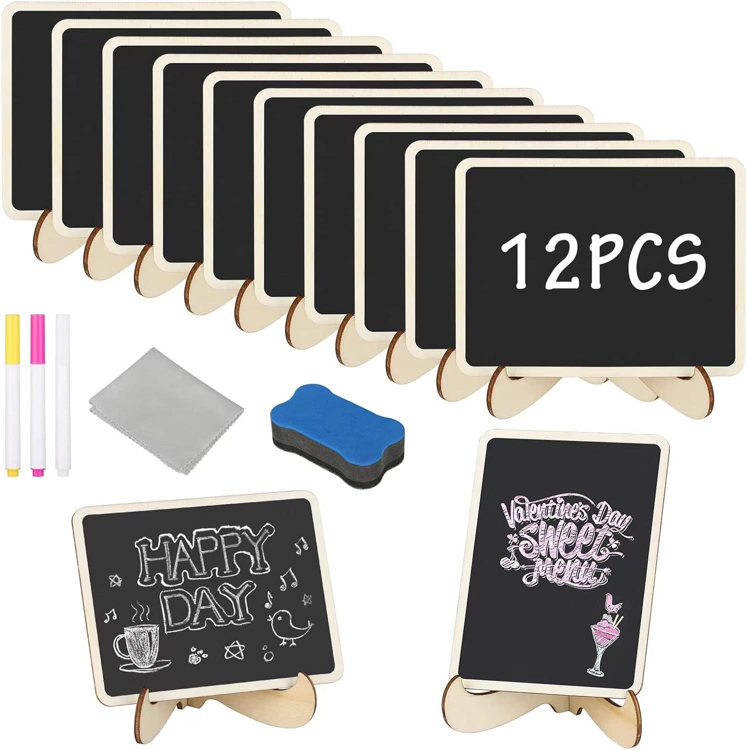 Ardoise Craie Bois 12 Mini Tableaux Noirs Rectangle Petit Ardoise Mini Tableau Craie Panneaux à Message Facile à écrire et à Essuyer pour Décoration de Buffet Fête Étiquettes de Prix