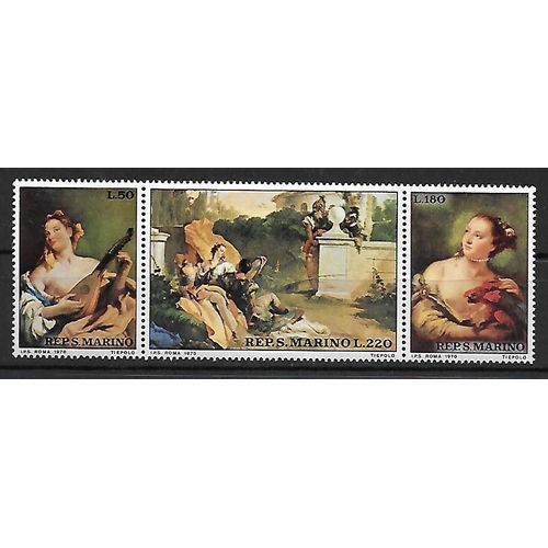 Saint-Marin 1970 : Bicentenaire De La Mort Du Peintre G. Tiepolo : Jeune Fille À La Mandoline / Jeune Fille Au Perroquet / Rinaldo Et Armide Surpris - Série Entière De 3 Timbres Neufs ** Et Attenants