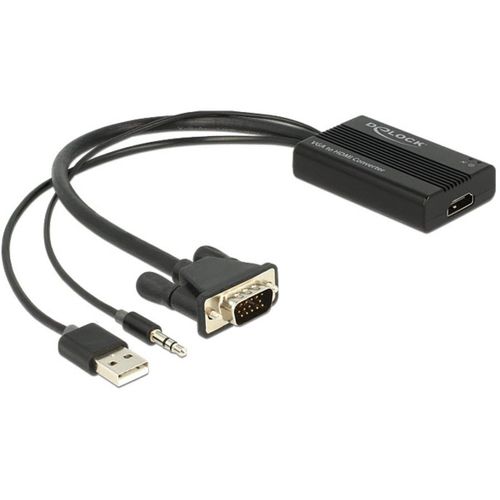 Delock VGA to HDMI Adapter with Audio - Adaptateur audio/vidéo - 15 pin D-Sub (DB-15), jack mini, USB (alimentation uniquement) mâle pour HDMI femelle - 25 cm - noir