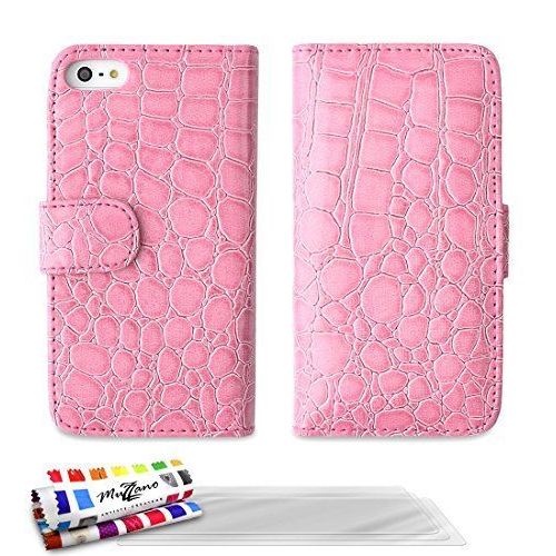 Muzzano Etui À Rabat Folio ``Crocochic`` Premium Rose Pour Apple Iphone 5s De Qualité Supérieure Original - Protection Antichoc Elegante, Optimale Et Durable 3 Protections D'ecran Transparents ``Ultraclear`` 1 Stylet Et 1 Chiffon Muzzano Offerts