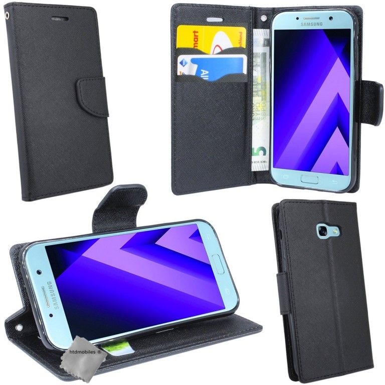 Housse Etui Coque Pochette Portefeuille Pour Samsung Galaxy A3 (2017) + Verre Trempe - Noir / Noir