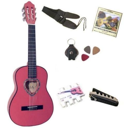 Pack Guitare Classique 1/4 Rose - 6 Accessoires Pour Enfant Rosace En C¿ur