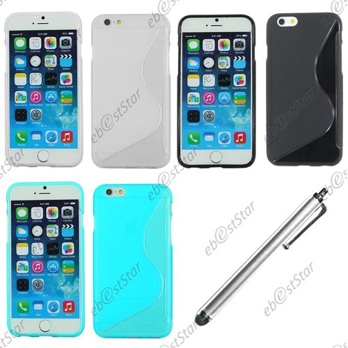 Ebeststar ® Pour Apple Iphone 6s 6 Écran 4.7" - Lot X3 Housse Etui Coque Silicone Gel Motif S-Line Protection Souple + Stylet, Couleur Transparent, Noir, Bleu [Dimensions Precises De Votre Appareil : 138,3 X 67,1 X 7,1 Mm, Écran 4.7'']