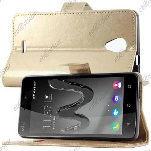 Ebeststar ®  Etui Portefeuille Housse Coque Protection Folio Book Livre Pour Wiko Freddy, Couleur Or / Doré [Dimensions Precises De Votre Appareil : 143 X 71,8 X 10,6 Mm, Écran 5'']