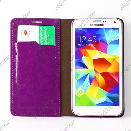 Ebeststar ®  Etui Portefeuille Housse Coque Protection Folio Pour Samsung Galaxy S5 G900f Et S5 New G903f Neo, Couleur Violet [Dimensions Precises De Votre Appareil : 142 X 72,5 X 8,1 Mm, Écran 5.1'']