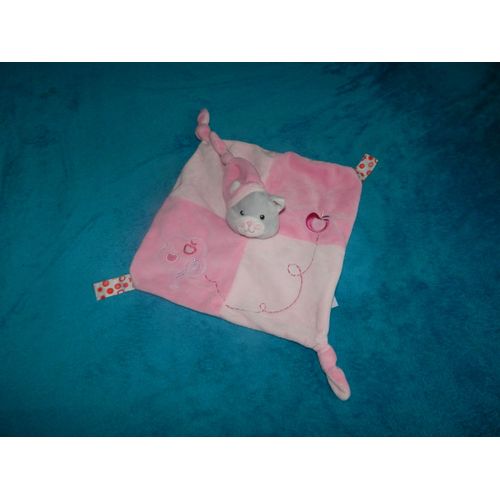 Doudou Chat Rose Et Rose Fushia Plat Pommes Bulles Pommier Peluche Eveil Bebe Naissance Carre