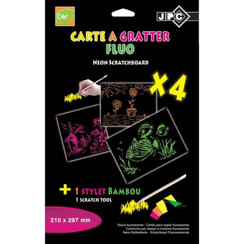 Jpc Sachet De 4 Cartes A Gratter A4 "Fluo Assorties" + 1 Stylet