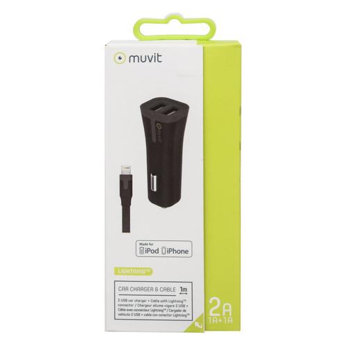 Muvit Mupak0285 - Adaptateur Allume-Cigare (Voiture) - 2 A - 2 Connecteurs De Sortie (Usb (Alimentation Uniquement)) - Noir - Pour Apple Ipad/Iphone/Ipod (Lightning)