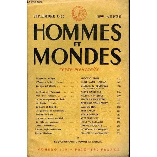 La Revue Hommes Et Mondes N° 110 - Europe Et Afrique .. Ludovic Tron .L'ange Et La Bête (Roman) . Anne-Marie Soulac ...Les Îles Artificielles .. Georges G.-Toudouze. De L'académie De ...