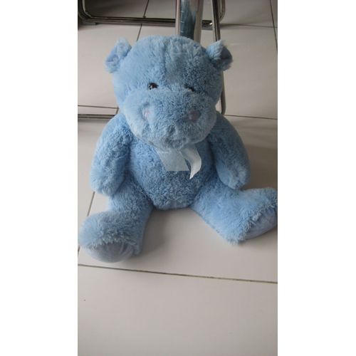 Peluche Doudou Hippopotame Bleu Et Son Ruban Mgm Dodo D'amour 48 Cm