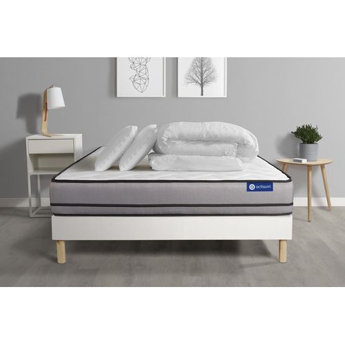 Pack Prêt A Dormir Matelas Actimemo 140x190cm A Mémoire De Forme 3zones De Confort + Sommier Kit Blanc + 2 Oreillers +Couette