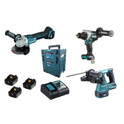 Lot 3 outils 18V - perceuse visseuse DDF486 + perfo-burineur DHR243 + disqueuse DGA506 - MAKITA - avec 3 batteries 18V 5.0Ah - chargeur - MakPac - DLX3157TJ