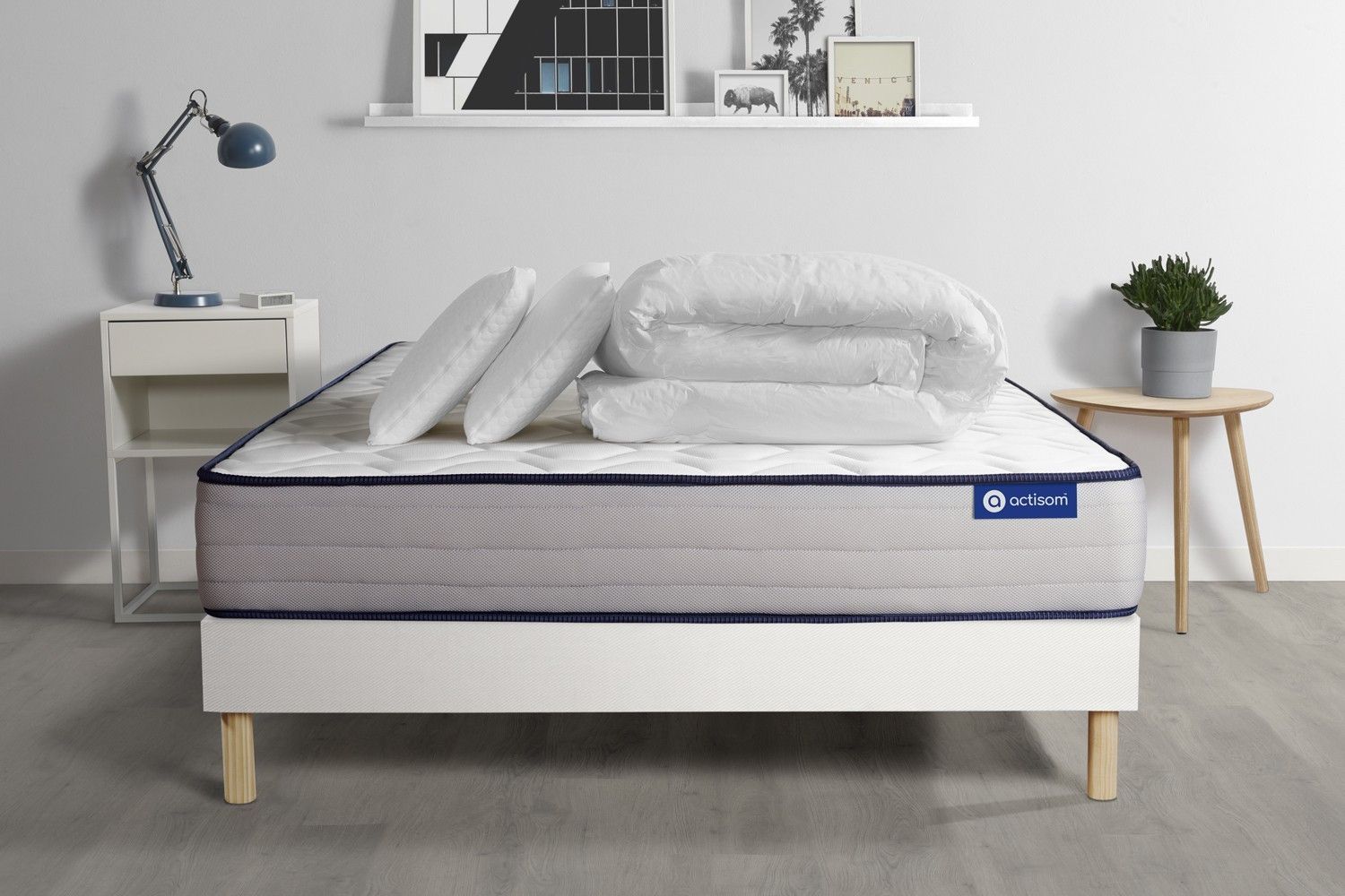 Pack Prêt A Dormir Matelas Latex Et Memoire De Forme Actilatex Form 140x200 Cm + Sommier Kit Blanc + 2 Oreillers + Couette