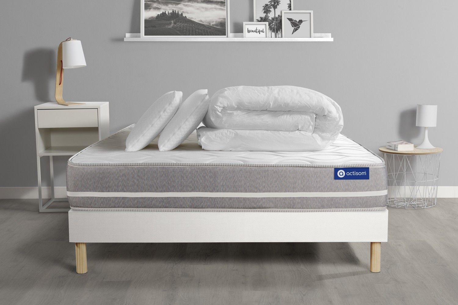 Pack Prêt A Dormir Matelas Memoire De Forme Actimemo Touch 140x200 3zones Confort + Sommier Kit Blanc + 2 Oreillers + Couette