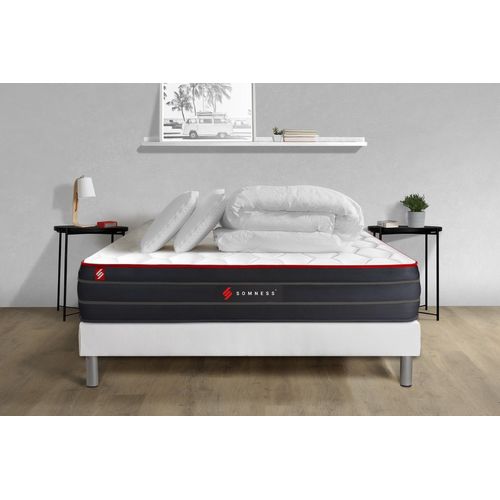Pack Prêt A Dormir 160x200 Matelas Boost Ressorts Ensaches Et Memoire De Forme + Sommier Kit Blanc + Couette + 2 Oreillers