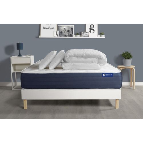 Pack Prêt A Dormir Matelas Ressorts Ensaches + Memoire De Forme Actiflex Sleep 160x200 + Sommier Kit Blanc +2oreillers+Couette