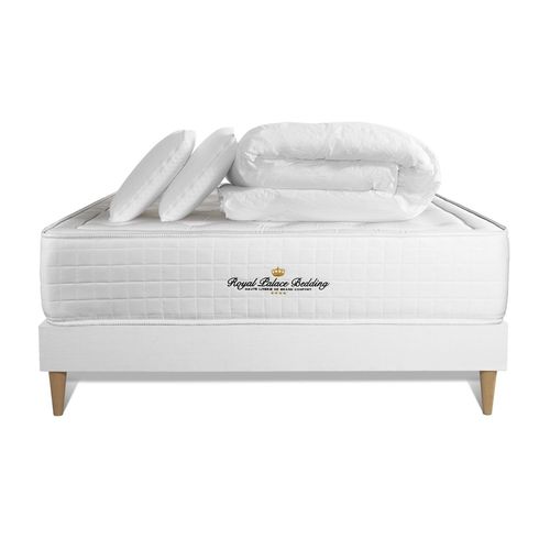 Pack Matelas A Memoire De Forme Maxi Epaisseur Buckingham 200x200cm + Sommier Kit Blanc + 2 Oreillers + 1 Couette