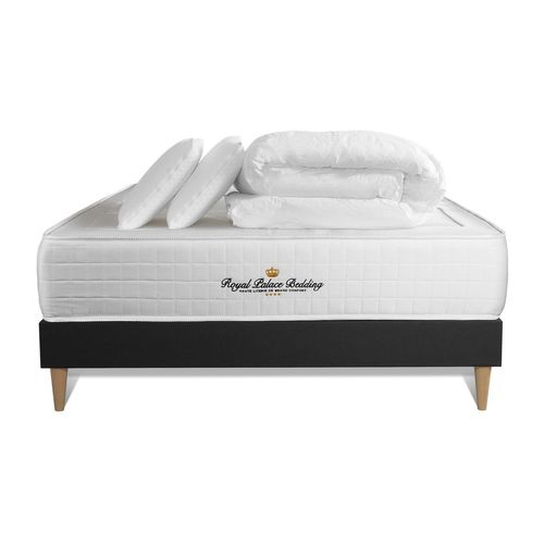 Pack Matelas Ressorts Ensaches + Memoire De Forme Maxi Epaisseur Windsor 200x200cm + Sommier Kit Noir + 2 Oreillers + 1 Couette