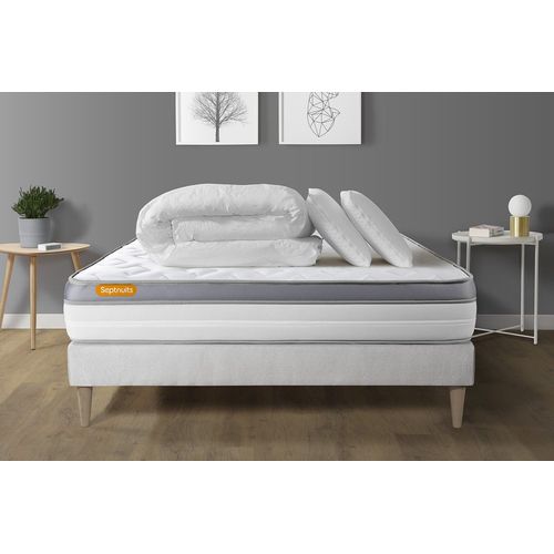 Pack Matelas + Sommier Kit Blanc 140x200 Memo Zen Mousse A Memoire De Forme Maxi Epaisseur + Couette + 2 Oreillers