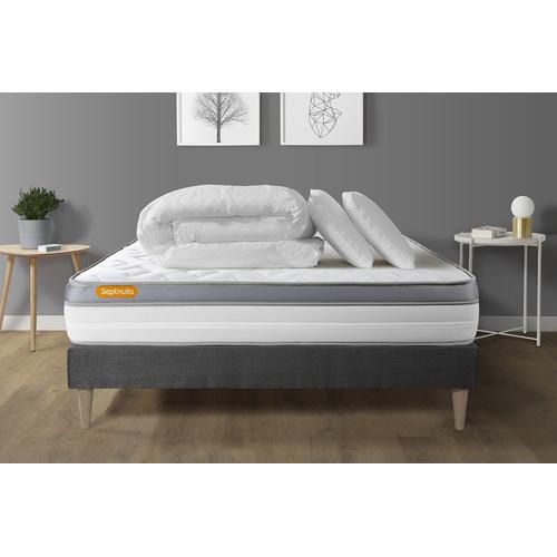 Pack Matelas + Sommier Kit Gris 140x190 Memo Zen Mousse A Memoire De Forme Maxi Epaisseur + Couette + 2 Oreillers