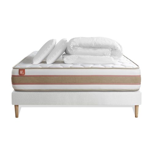 Pack Prêt A Dormir Matelas Le Délicat 140x200 Ressorts Ensaches Et Memoire De Forme + Sommier Blanc + 2 Oreillers + Couette