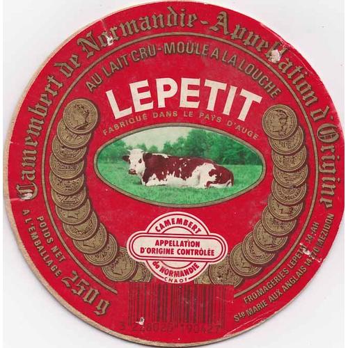 Couvercle Étiquette De Fromage Camembert De Normandie Lepetit, Appellation D'origine Contrôlée