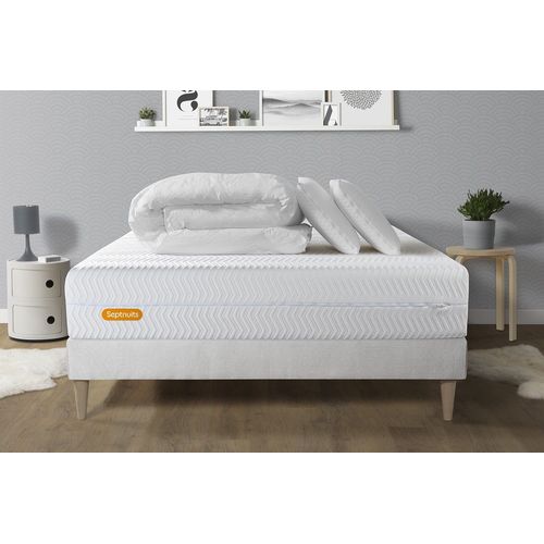 Pack Matelas + Sommier Kit Blanc 140x200 Memo Bio Mousse A Memoire De Forme Maxi Epaisseur + Couette + 2 Oreillers