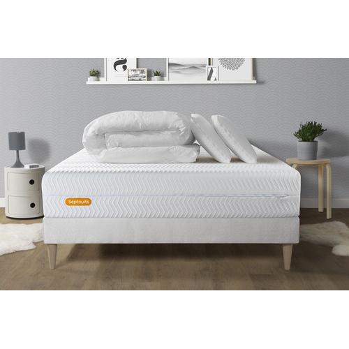 Pack Matelas + Sommier Kit Blanc 180x200 Memo Bio Mousse A Memoire De Forme Maxi Epaisseur + Couette + 2 Oreillers