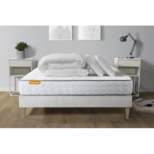 Pack Matelas Memo + Sommier Kit Blanc 140x190 + 2 Oreillers Memoire De Forme