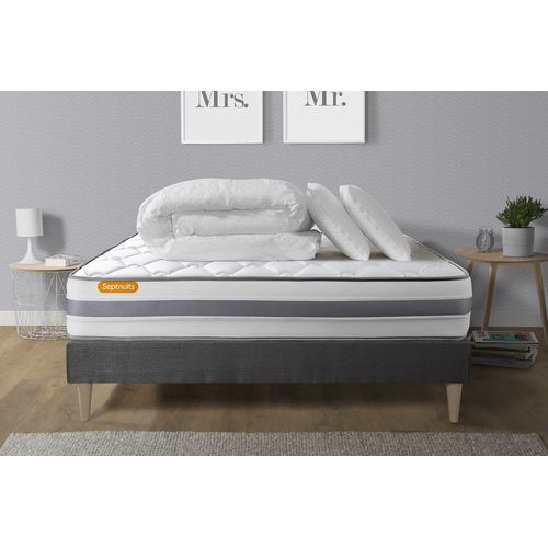Pack Matelas + Sommier Kit Gris 140x200 Memo Spring Ressorts Ensaches Maxi Epaisseur + Couette + 2 Oreillers