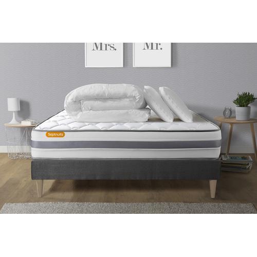 Pack Matelas + Sommier Kit Gris 180x200 Memo Spring Ressorts Ensaches Maxi Epaisseur + Couette + 2 Oreillers