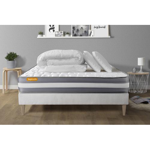 Pack Matelas + Sommier Kit Blanc 140x200 Memo Plus Memoire De Forme + 2 Oreillers + Couette