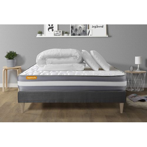 Pack Matelas + Sommier Kit Gris 140x190 Memo Plus Memoire De Forme + 2 Oreillers + Couette