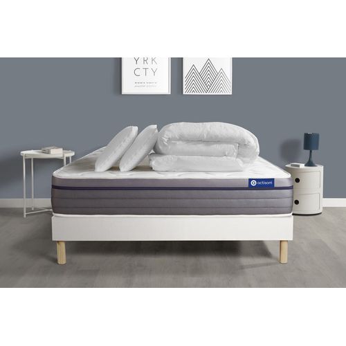 Pack Prêt A Dormir Matelas Ressorts Ensaches+Memoire De Forme Actiflex Zen 200x200 + Sommier Kit Blanc + 2 Oreillers +Couette