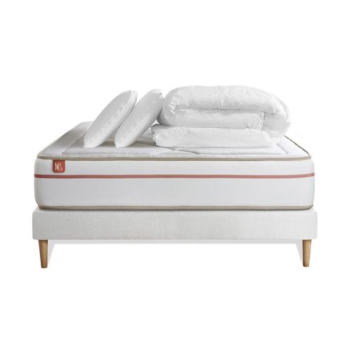 Pack Prêt A Dormir Matelas Le Paisible 140x200cm Memoire De Forme Biovisco + Sommier Blanc + 2 Oreillers + Couette 240x220cm