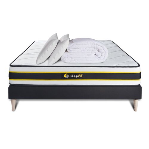 Pack Prêt A Dormir 140x200 Matelas Flexy + Sommier Kit Noir + 2 Oreillers Memoire De Forme 60x40cm + Couette Percale 240x220 Cm