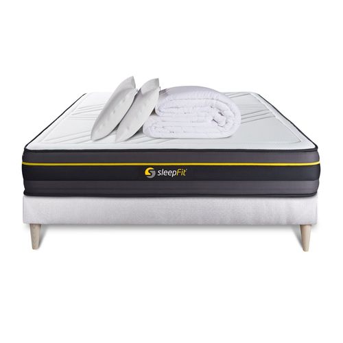 Pack Prêt A Dormir 140x190 Matelas Active + Sommier Kit Blanc + 2 Oreillers Memoire De Forme 60x40cm + Couette Percale 240x220 C