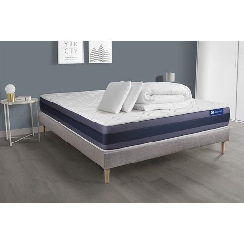 Pack Prêt A Dormir Matelas Ressorts Ensaches+Memoire De Forme Actiflex Morpho 180x200 + Sommier Kit Gris +2oreillers+Couette