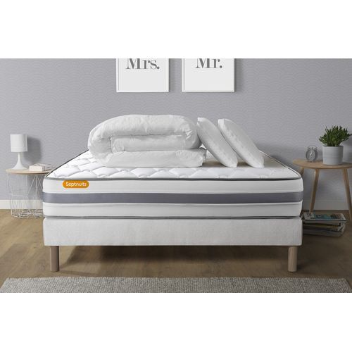 Pack Matelas + Sommier 140x200 Memo Spring Ressorts Ensaches 3 Zones Maxi Epaisseur + Couette + 2 Oreillers
