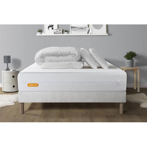 Pack Matelas + Sommier 160x200 Memo Bio Mousse A Memoire De Forme 5 Zones De Confort Maxi Epaisseur + Couette + 2 Oreillers