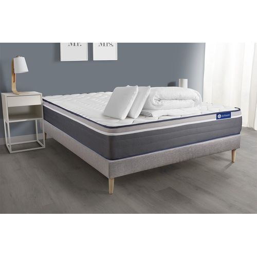 Pack Prêt A Dormir Matelas Actiflex Plus 200x200 Ressorts Ensaches+Memoire De Forme + Sommier Kit Gris + 2 Oreillers+Couette