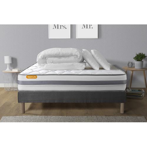 Pack Matelas + Sommier Gris 140x200 Memo Spring Ressorts Ensaches 3 Zones Maxi Epaisseur + Couette + 2 Oreillers