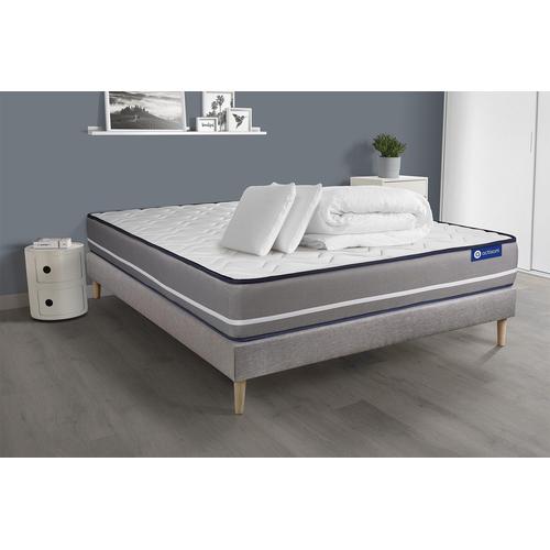 Pack Prêt A Dormir Matelas Ressorts Ensaches Actiflex Pur 140x190 3zones De Confort + Sommier Kit Gris + 2 Oreillers+Couette