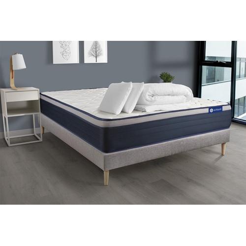 Pack Prêt A Dormir Matelas Ressorts Ensaches+Memoire De Forme Actiflex Max 200x200cm + Sommier Kit Gris + 2oreillers+Couette