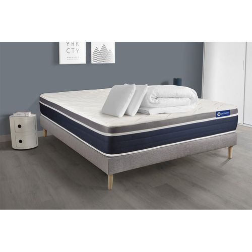 Pack Prêt A Dormir Actiflex Confort Matelas Ressorts Ensaches+Memoire De Forme 200x200 + Sommier Kit Gris +2oreillers+Couette