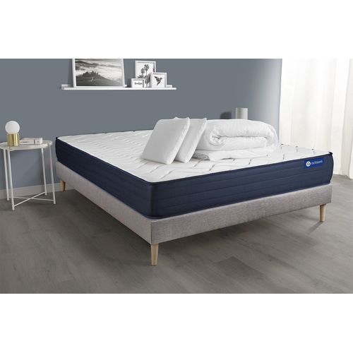 Pack Prêt A Dormir Matelas Actiflex Life 140x200 Ressorts Ensaches + Memoire De Forme + Sommier Kit Gris +2oreillers+Couette