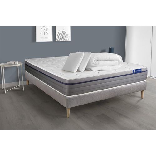 Pack Prêt A Dormir Matelas Ressorts Ensaches+Memoire De Forme Actiflex Zen 140x190 + Sommier Kit Gris + 2 Oreillers +Couette