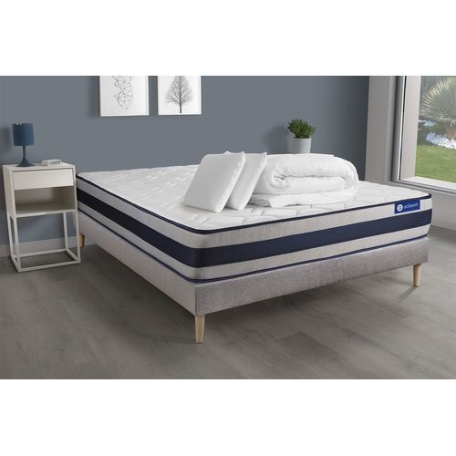 Pack Prêt A Dormir Matelas Ressorts Ensaches + Memoire De Forme Actiflex Ergo 160x200 + Sommier Kit Gris +2oreillers+Couette