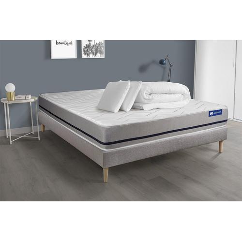 Pack Prêt A Dormir Matelas 140x190 Actiflex Soft 3zones De Confort + Sommier Kit Gris + 2 Oreillers + Couette