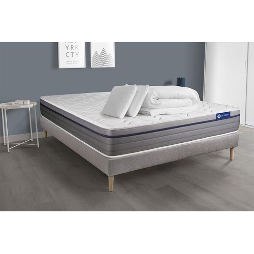 Pack Prêt A Dormir Matelas Ressorts Ensaches+Memoire De Forme Actiflex Zen 200x200 + Sommier Kit Gris + 2 Oreillers +Couette